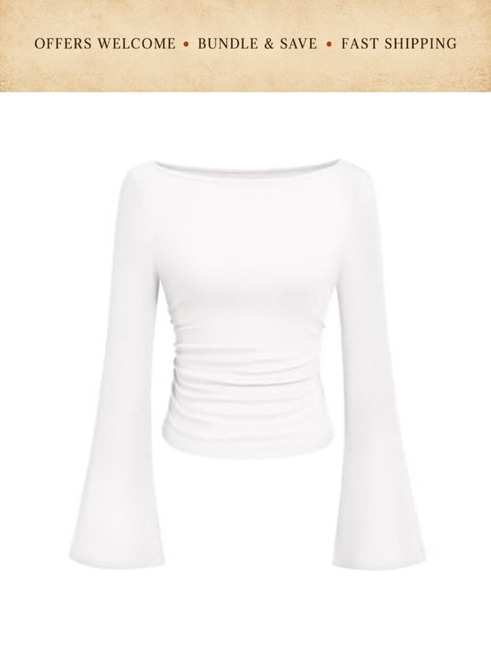 Ribbed Knit Long Bell Sleeve Boat Neck Fitted Casual Crop Top